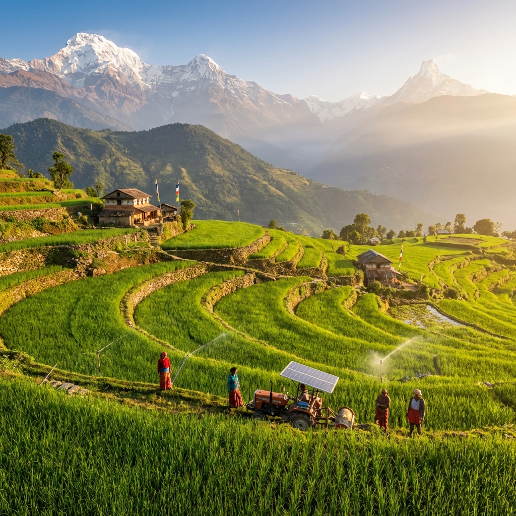 Nepali Terraced Farm with Mountains